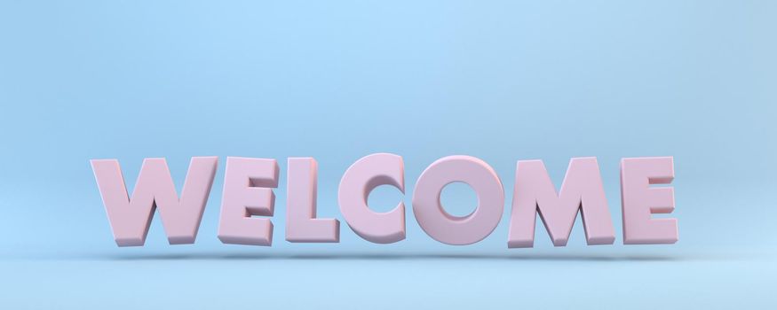 Pink WELCOME sign 3D rendering illustration isolated on blue background