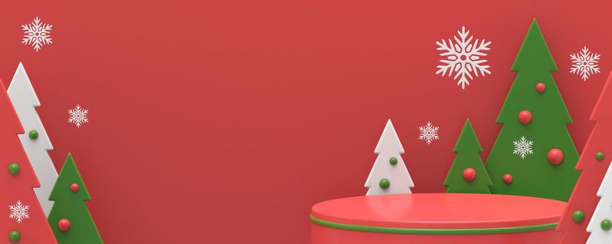 Product podium with Christmas trees and snowflakes 3D rendering illustration isolated on red background