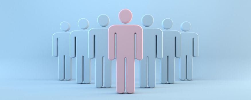 Pink person in front of blue crowd 3D rendering illustration isolated on blue background