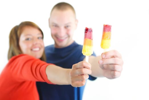 happy couple withe ice cream isolated on white background