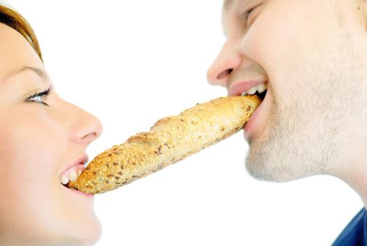 happy couple eating croissant