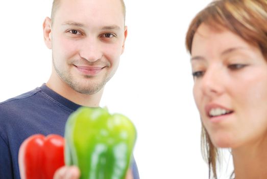 happy couple with pepper vegetable isolated