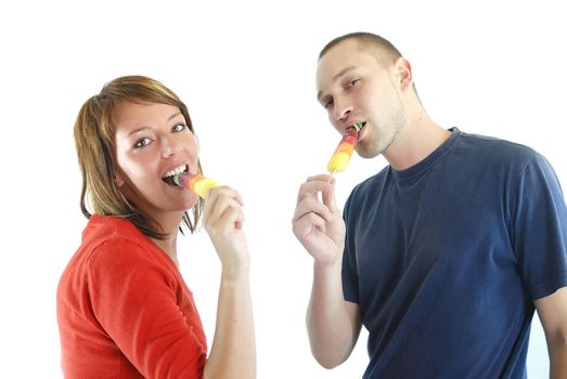 happy couple withe ice cream isolated on white background