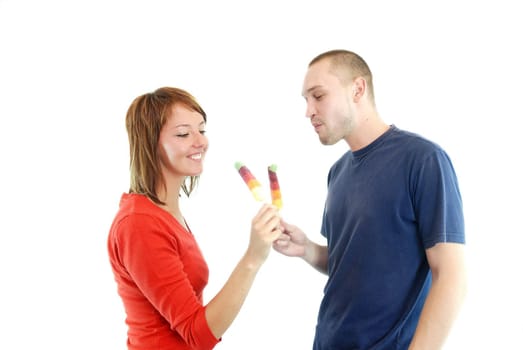 happy couple withe ice cream isolated on white background