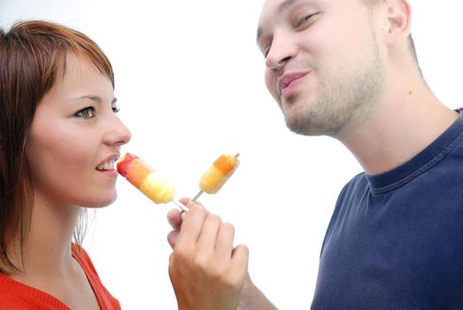 happy couple withe ice cream isolated on white background