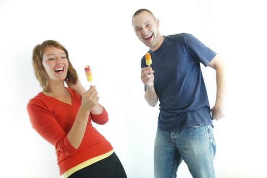 happy couple withe ice cream isolated on white background