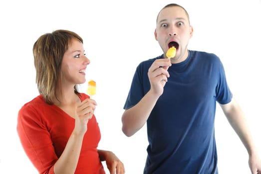 happy couple withe ice cream isolated on white background