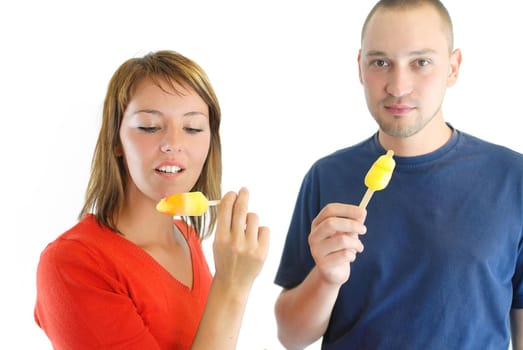 happy couple withe ice cream isolated on white background