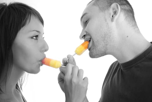 happy couple withe ice cream isolated on white background