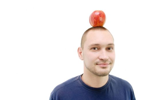 man with apple on head