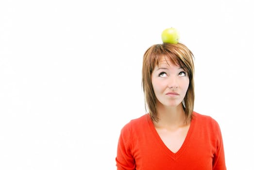 woman with apple on head