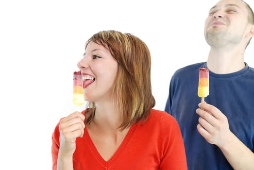 happy couple withe ice cream isolated on white background