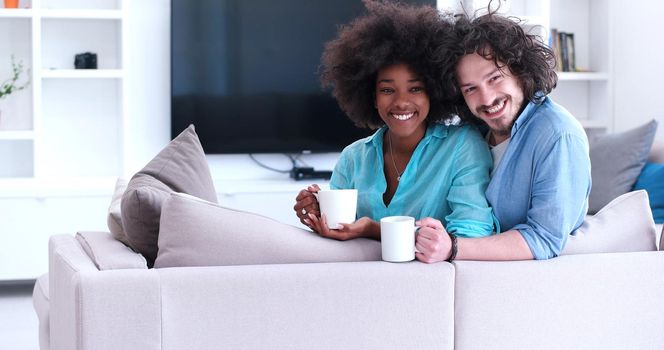 young multiethnic couple sitting on sofa at home drinking coffe, talking, smiling.