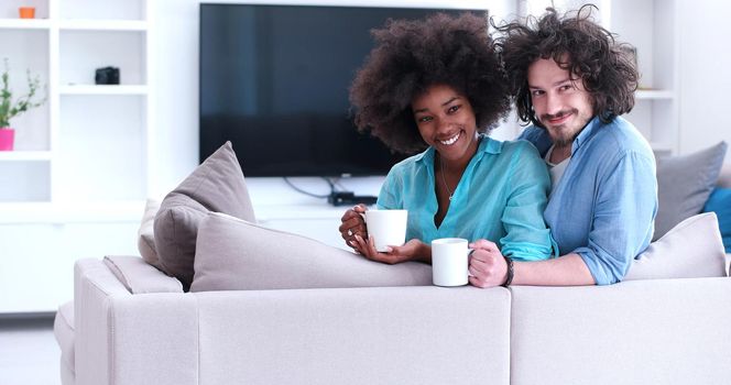 young multiethnic couple sitting on sofa at home drinking coffe, talking, smiling.