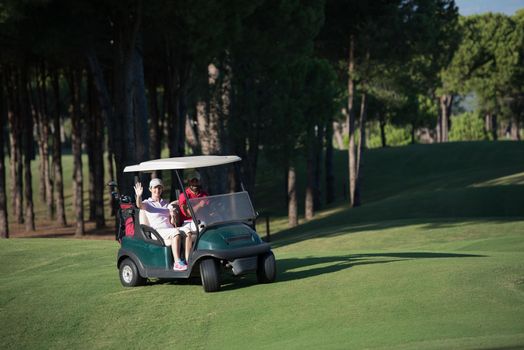 couple in buggy cart on golf course