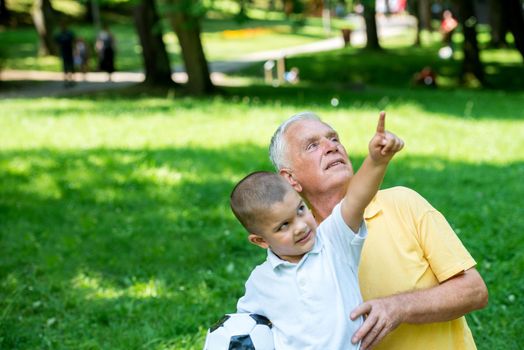 happy grandfather and child have fun and play in park on beautiful  sunny day