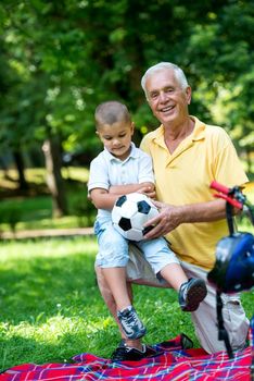 happy grandfather and child have fun and play in park on beautiful  sunny day