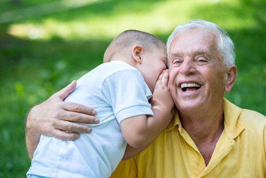 happy grandfather and child have fun and play in park on beautiful  sunny day