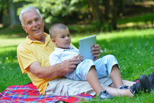 grandfather and child in park using tablet computer