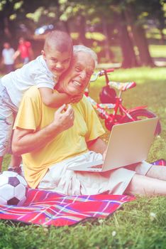 happy elderly senior grandfather and child in park using laptop computer