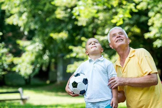 happy grandfather and child have fun and play in park on beautiful  sunny day