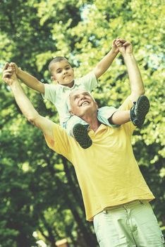 happy grandfather and child have fun and play in park on beautiful  sunny day