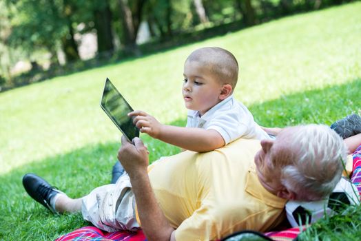 grandfather and child using tablet computer in park