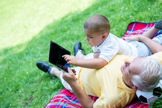 grandfather and child using tablet computer in park