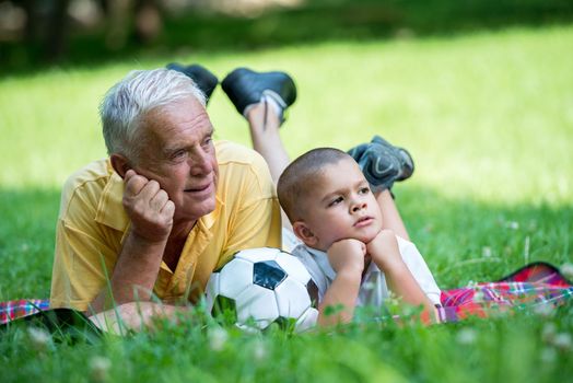 happy grandfather and child have fun and play in park on beautiful  sunny day