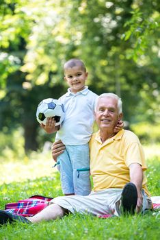 happy grandfather and child have fun and play in park on beautiful  sunny day