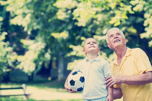 happy grandfather and child have fun and play in park on beautiful  sunny day