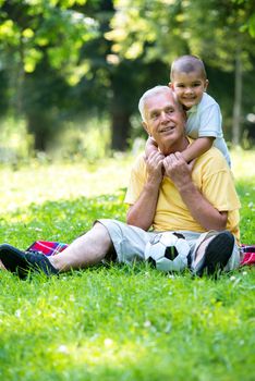 happy grandfather and child have fun and play in park on beautiful  sunny day