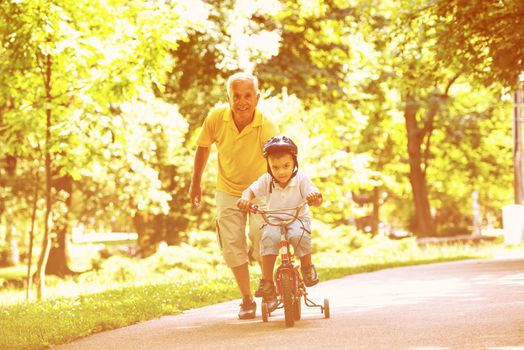 happy grandfather and child have fun and play in park on beautiful  sunny day