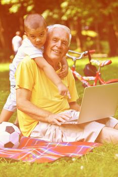 happy elderly senior grandfather and child in park using laptop computer