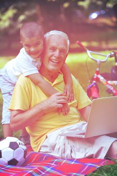 happy elderly senior grandfather and child in park using laptop computer