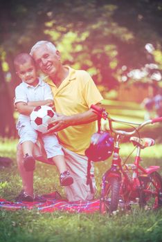 happy grandfather and child have fun and play in park on beautiful  sunny day