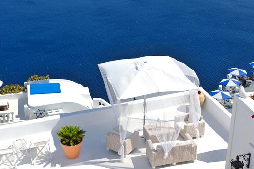 summer vacation on beautiful vulcanic island santorini at greece