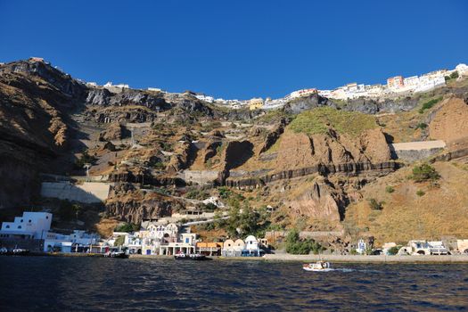 summer vacation on beautiful vulcanic island santorini at greece