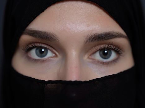 Portrait of muslim woman wearing niqab and traditional arabic clothes or abaya. Arab woman representing modern arabic lifestyle, islamic  fashion and Ramadan kareem concept