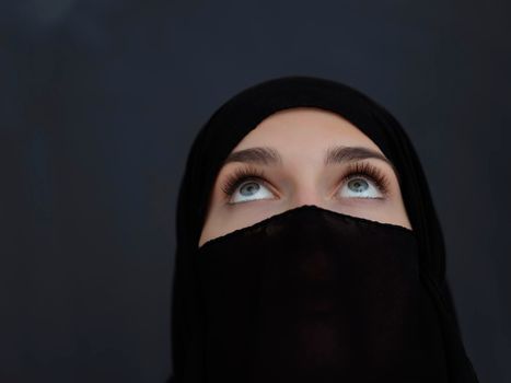 Portrait of muslim woman wearing niqab and traditional arabic clothes or abaya. Arab woman representing modern arabic lifestyle, islamic  fashion and Ramadan kareem concept