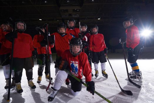 happy children group  ice hockey team  sport players portrait