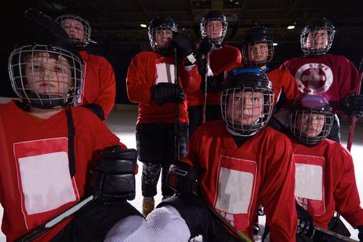 happy children group  ice hockey team  sport players portrait