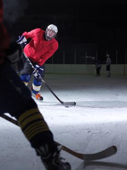 ice hockey player in action kicking with stick