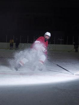 ice hockey player in action kicking with stick