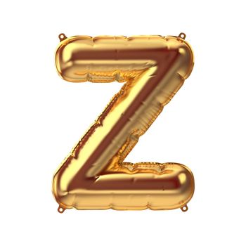 3D Render of Golden inflatable foil balloon letter Z. Party decoration element. Yellow character isolated on white background. New year celebration postcard part. Graphic element sign for web design