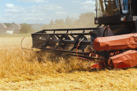 The combine harvests ripe wheat in the grain field. Agricultural work in summer. Detail of the combine close-up.