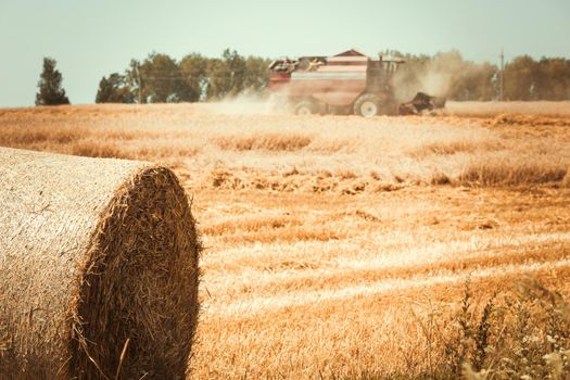 combine harvester working on a wheat field