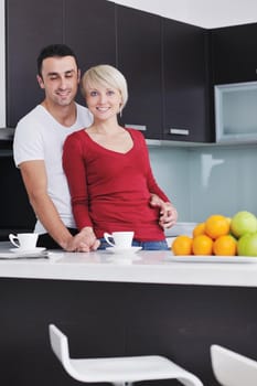 happy young couple have fun in  modern kitchen indoor  while preparing fresh fruits and vegetables food salad