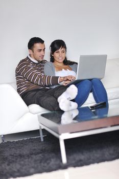 joyful couple relax and work on laptop computer at modern living room indoor home