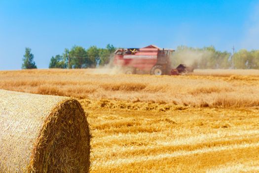 combine harvester working on a wheat field